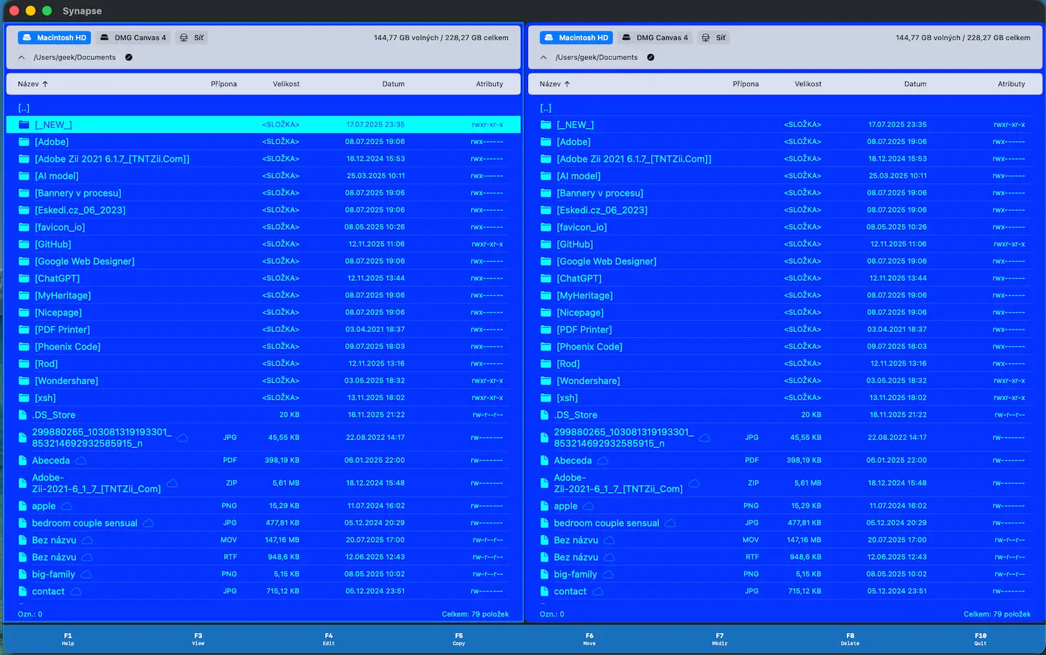 Synapse dual-pane file manager showing two folders side by side